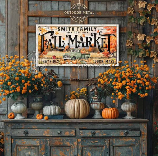 Toe Fish Art Halloween Fall home decor Personalized Fall Market sign in Framed Canvas, Wrapped Canvas, or Outdoor Metal, Colorful Autumn Harvest Decor with Vibrant Fall Colors in this autumn country farm landscape scene. Outdoor weatherproof waterproof metal option available. Add easy, beautiful curb appeal! Seasonal holiday indoor or outdoor decor for your entryway. Handcrafted in the USA for your front door foyer porch entrance patio deck. Holiday outdoor decoration handmade by woman-owned USA small family American business ToeFishArt.com. Original, custom, personalized wall decor signs handcrafted in the USA and made-to-order for you. Choose from canvas, wood shiplap or outdoor metal. Select from rustic modern farmhouse, cottagecore, vintage, retro, industrial, Americana, primitive, country, coastal, minimalist, boho and eclectic home decor styles.