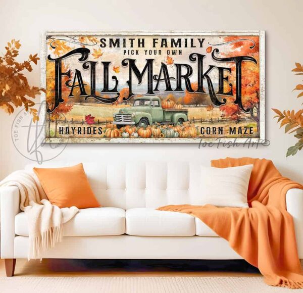 Toe Fish Art Halloween Fall home decor Personalized Fall Market sign in Framed Canvas, Wrapped Canvas, or Outdoor Metal, Colorful Autumn Harvest Decor with Vibrant Fall Colors in this autumn country farm landscape scene. Outdoor weatherproof waterproof metal option available. Add easy, beautiful curb appeal! Seasonal holiday indoor or outdoor decor for your entryway. Handcrafted in the USA for your front door foyer porch entrance patio deck. Holiday outdoor decoration handmade by woman-owned USA small family American business ToeFishArt.com. Original, custom, personalized wall decor signs handcrafted in the USA and made-to-order for you. Choose from canvas, wood shiplap or outdoor metal. Select from rustic modern farmhouse, cottagecore, vintage, retro, industrial, Americana, primitive, country, coastal, minimalist, boho and eclectic home decor styles.