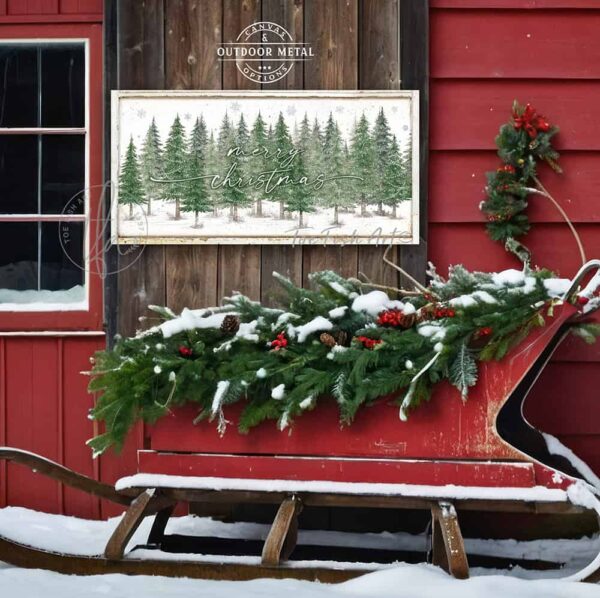 Toe Fish Art Vintage Merry Christmas sign Snowy Christmas Tree Forest Scene Artwork, Rustic Cottage Country Christmas Holiday Winter Seasonal Wall Decor in durable high-quality canvas or outdoor weatherproof solid aluminum metal, handmade in the USA from start to finish! Stylish and timeless seasonal winter wall decor. Handcrafted in the USA by ToeFishArt, and built to last a lifetime by the Toe Fish Art family artisans. This beautiful original nostalgic winter landscape scene painting featuring a forest of lighted Christmas trees in a snowy meadow adds unique eye-catching decor indoors or outdoors. Adds instant outdoor holiday curb appeal! Christmas welcome entryway porch or living room fireplace hearth or mantel wall hanging or shelf sitter. Original, custom, personalized wall decor signs. Canvas, Wood or Metal. Rustic modern farmhouse, cottagecore, vintage, retro, industrial, Americana, primitive, country, coastal, minimalist. Toe Fish Art is a USA small family woman owned business making beautiful decor since 1997.