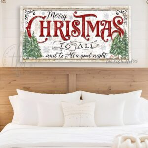 Toe Fish Art's Merry Christmas To All and To All A Goodnight Holiday Decor Sign handcrafted to-order in the USA for you in Canvas or Outdoor Weatherproof Metal. Vibrant and vintage white, red and green holiday colors to elevate your seasonal decor. Beautiful, detailed, original artwork of Christmas trees with cute, sleeping mouse wearing Santa hat. This is the perfect piece for your indoor or outdoor entryway, front door, foyer, above a fireplace mantel, any bedroom, or your favorite entertaining space inside or outside! Handmade to-order in the USA by American small family woman-owned company ToeFishArt, doing business since 1997. Personalized Canvas or Outdoor Exterior Commercial-Grade Metal Signs handmade in the USA and built to last a lifetime by Toe Fish Art. Unique, eye-catching appeal indoors or for your outdoor hangout space. Color options available too! Thousands of five star reviews! Featured in Better Homes & Gardens, Cottages & Bungalows, and Farmhouse Style magazines. We make original, custom, personalized wall decor signs and wall art. Handcrafted in your choice of canvas, framed canvas, shiplap hardwood or outdoor metal. Choose from rustic, modern cottage farmhouse, cottagecore, vintage, retro, industrial, Americana, primitive, country, coastal and minimalist contemporary styles.