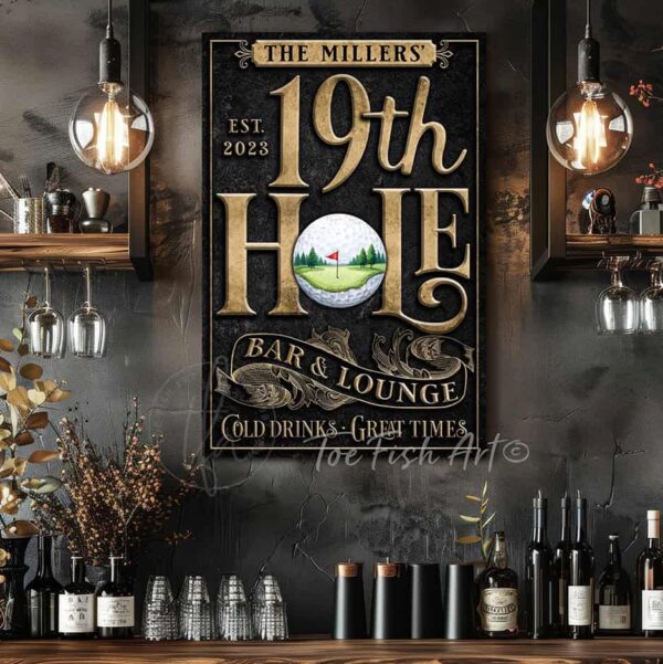 Toe Fish Art's vertical 19th Hole Bar & Lounge Golf Sign handcrafted to-order in the USA for you in Canvas or Outdoor Weatherproof Metal. Personalize-able golf enthusiast gift decor with your family name, personal name, favorite saying or Welcome phrase. Swanky and stylish vibrant colors to enhance your decor - Vintage Slate Black with Rustic Gold Lettering. Custom quote options available upon request. This is the perfect piece for your indoor pub bar area or outdoor watering hole after finishing the back nine! This special sign is a birdie for gifting to the golf enthusiasts in your life. Live on a gorgeous green golf course? This decor is perfect for your patio, porch, deck, lanai, pergola, outdoor kitchen & bar area, game room, bar & lounge or favorite entertaining space inside or outside! Handmade to-order in the USA by American small family woman-owned company ToeFishArt, doing business since 1997. Personalized Canvas or Outdoor Exterior Commercial-Grade Metal Sign handmade in the USA and built to last a lifetime by Toe Fish Art. Add your personal name, established date, or catch phrase to this beautiful artwork for unique, eye-catching appeal indoors or for your outdoor hangout space. Color options available too! Thousands of five star reviews! Featured in Better Homes & Gardens, Cottages & Bungalows, and Farmhouse Style magazines. We make original, custom, personalized wall decor signs and wall art. Handcrafted in your choice of canvas, framed canvas, shiplap hardwood or outdoor metal. Choose from rustic, modern cottage farmhouse, cottagecore, vintage, retro, industrial, Americana, primitive, country, coastal and minimalist contemporary styles.