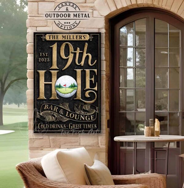 Toe Fish Art's vertical 19th Hole Bar & Lounge Golf Sign handcrafted to-order in the USA for you in Canvas or Outdoor Weatherproof Metal. Personalize-able golf enthusiast gift decor with your family name, personal name, favorite saying or Welcome phrase. Swanky and stylish vibrant colors to enhance your decor - Vintage Slate Black with Rustic Gold Lettering. Custom quote options available upon request. This is the perfect piece for your indoor pub bar area or outdoor watering hole after finishing the back nine! This special sign is a birdie for gifting to the golf enthusiasts in your life. Live on a gorgeous green golf course? This decor is perfect for your patio, porch, deck, lanai, pergola, outdoor kitchen & bar area, game room, bar & lounge or favorite entertaining space inside or outside! Handmade to-order in the USA by American small family woman-owned company ToeFishArt, doing business since 1997. Personalized Canvas or Outdoor Exterior Commercial-Grade Metal Sign handmade in the USA and built to last a lifetime by Toe Fish Art. Add your personal name, established date, or catch phrase to this beautiful artwork for unique, eye-catching appeal indoors or for your outdoor hangout space. Color options available too! Thousands of five star reviews! Featured in Better Homes & Gardens, Cottages & Bungalows, and Farmhouse Style magazines. We make original, custom, personalized wall decor signs and wall art. Handcrafted in your choice of canvas, framed canvas, shiplap hardwood or outdoor metal. Choose from rustic, modern cottage farmhouse, cottagecore, vintage, retro, industrial, Americana, primitive, country, coastal and minimalist contemporary styles.