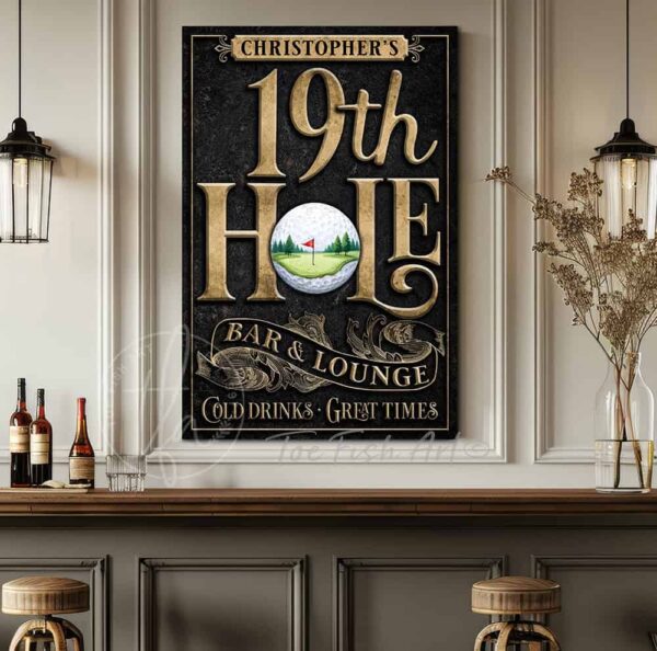Toe Fish Art's vertical 19th Hole Bar & Lounge Golf Sign handcrafted to-order in the USA for you in Canvas or Outdoor Weatherproof Metal. Personalize-able golf enthusiast gift decor with your family name, personal name, favorite saying or Welcome phrase. Swanky and stylish vibrant colors to enhance your decor - Vintage Slate Black with Rustic Gold Lettering. Custom quote options available upon request. This is the perfect piece for your indoor pub bar area or outdoor watering hole after finishing the back nine! This special sign is a birdie for gifting to the golf enthusiasts in your life. Live on a gorgeous green golf course? This decor is perfect for your patio, porch, deck, lanai, pergola, outdoor kitchen & bar area, game room, bar & lounge or favorite entertaining space inside or outside! Handmade to-order in the USA by American small family woman-owned company ToeFishArt, doing business since 1997. Personalized Canvas or Outdoor Exterior Commercial-Grade Metal Sign handmade in the USA and built to last a lifetime by Toe Fish Art. Add your personal name, established date, or catch phrase to this beautiful artwork for unique, eye-catching appeal indoors or for your outdoor hangout space. Color options available too! Thousands of five star reviews! Featured in Better Homes & Gardens, Cottages & Bungalows, and Farmhouse Style magazines. We make original, custom, personalized wall decor signs and wall art. Handcrafted in your choice of canvas, framed canvas, shiplap hardwood or outdoor metal. Choose from rustic, modern cottage farmhouse, cottagecore, vintage, retro, industrial, Americana, primitive, country, coastal and minimalist contemporary styles.