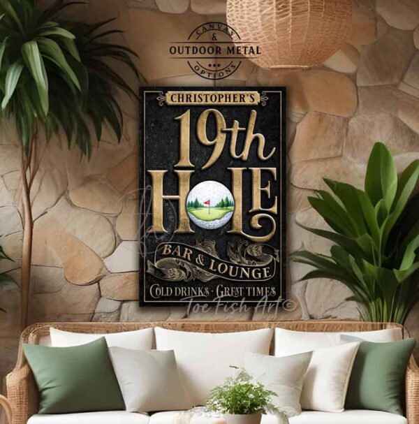 Toe Fish Art's vertical 19th Hole Bar & Lounge Golf Sign handcrafted to-order in the USA for you in Canvas or Outdoor Weatherproof Metal. Personalize-able golf enthusiast gift decor with your family name, personal name, favorite saying or Welcome phrase. Swanky and stylish vibrant colors to enhance your decor - Vintage Slate Black with Rustic Gold Lettering. Custom quote options available upon request. This is the perfect piece for your indoor pub bar area or outdoor watering hole after finishing the back nine! This special sign is a birdie for gifting to the golf enthusiasts in your life. Live on a gorgeous green golf course? This decor is perfect for your patio, porch, deck, lanai, pergola, outdoor kitchen & bar area, game room, bar & lounge or favorite entertaining space inside or outside! Handmade to-order in the USA by American small family woman-owned company ToeFishArt, doing business since 1997. Personalized Canvas or Outdoor Exterior Commercial-Grade Metal Sign handmade in the USA and built to last a lifetime by Toe Fish Art. Add your personal name, established date, or catch phrase to this beautiful artwork for unique, eye-catching appeal indoors or for your outdoor hangout space. Color options available too! Thousands of five star reviews! Featured in Better Homes & Gardens, Cottages & Bungalows, and Farmhouse Style magazines. We make original, custom, personalized wall decor signs and wall art. Handcrafted in your choice of canvas, framed canvas, shiplap hardwood or outdoor metal. Choose from rustic, modern cottage farmhouse, cottagecore, vintage, retro, industrial, Americana, primitive, country, coastal and minimalist contemporary styles.