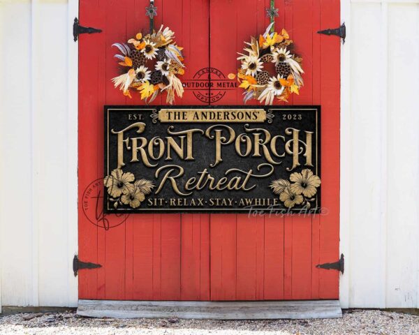 Toe Fish Art's original cottage style Front Porch Retreat sign handcrafted to-order in the USA for you in stunning Outdoor Weatherproof Metal. Personalize-able sign with your family name and established date, favorite saying or Welcome phrase. Swanky and stylish vibrant colors to enhance your outdoor living space decor. Vintage Slate Black with Rustic Gold Lettering. Beautiful design incorporating hibiscus flowers artwork. Custom quote options like Sit-Relax-Stay Awhile, Proudly Serving Whatever You Brought, Sipping Grilling Chilling, Relax & Enjoy, Where Wasting Time is Time Well Spent. This is the perfect piece for your indoor or outdoor entryway lounging space. Perfect for hanging above your porch swing! Handmade to-order in the USA by American small family woman-owned company ToeFishArt, doing business since 1997. Personalized Outdoor Exterior Commercial-Grade Metal Sign handmade in the USA and built to last a lifetime by Toe Fish Art. Add your personal name or catch phrase to this beautiful artwork for unique, eye-catching curb appeal for your outdoor hangout space. Thousands of five star reviews! Featured in Better Homes & Gardens, Cottages & Bungalows, and Farmhouse Style magazines. We make original, custom, personalized wall decor signs and wall art. Handcrafted in your choice of canvas, framed canvas, shiplap hardwood or outdoor metal. Choose from rustic, modern cottage farmhouse, cottagecore, vintage, retro, industrial, Americana, primitive, country, coastal and minimalist contemporary styles.