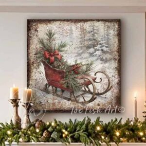 Toe Fish Art Rustic Winter Village Red Sleigh Art Vintage Christmas Holiday Seasonal Wall Decor square shaped sign, handmade in the USA from start to finish! Stylish and timeless seasonal winter wall decor. Handmade in the USA by ToeFishArt, and built to last a lifetime by the Toe Fish Art family artisans. This beautiful original winter sled scene artwork adds unique eye-catching decor indoors or outdoors. Great outdoor holiday curb appeal! Christmas welcome entryway porch or living room fireplace mantel wall hanging or shelf sitter. Original, custom, personalized wall decor signs. Canvas, Wood or Metal. Rustic modern farmhouse, cottagecore, vintage, retro, industrial, Americana, primitive, country, coastal, minimalist.