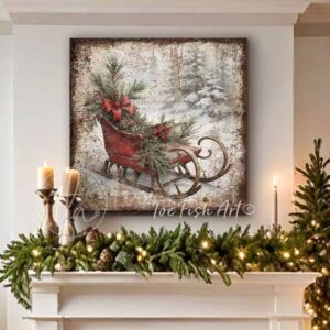 Toe Fish Art Rustic Winter Village Red Sleigh Art Vintage Christmas Holiday Seasonal Wall Decor square shaped sign, handmade in the USA from start to finish! Stylish and timeless seasonal winter wall decor. Handmade in the USA by ToeFishArt, and built to last a lifetime by the Toe Fish Art family artisans. This beautiful original winter sled scene artwork adds unique eye-catching decor indoors or outdoors. Great outdoor holiday curb appeal! Christmas welcome entryway porch or living room fireplace mantel wall hanging or shelf sitter. Original, custom, personalized wall decor signs. Canvas, Wood or Metal. Rustic modern farmhouse, cottagecore, vintage, retro, industrial, Americana, primitive, country, coastal, minimalist.