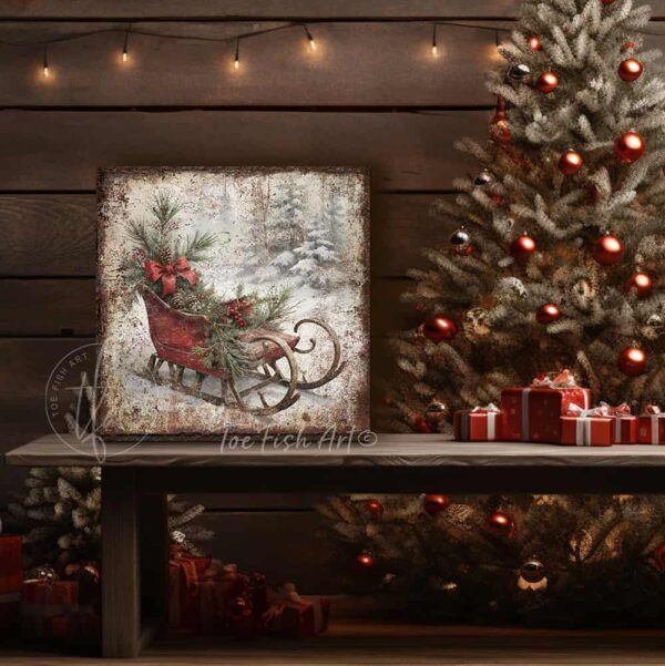 Toe Fish Art Rustic Winter Village Sleigh Art Vintage Christmas Holiday Seasonal Wall Decor square shaped sign, handmade in the USA from start to finish! Stylish and timeless seasonal winter wall decor. Handmade in the USA by ToeFishArt, and built to last a lifetime by the Toe Fish Art family artisans. This beautiful original winter sled scene artwork adds unique eye-catching decor indoors or outdoors. Great outdoor holiday curb appeal! Christmas welcome entryway porch or living room fireplace mantel wall hanging or shelf sitter. Original, custom, personalized wall decor signs. Canvas, Wood or Metal. Rustic modern farmhouse, cottagecore, vintage, retro, industrial, Americana, primitive, country, coastal, minimalist.