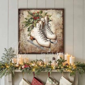 Toe Fish Art Vintage Antique Wooden Ice Skates Artwork, Rustic Christmas Holiday Winter Seasonal Wall Decor, square shaped sign, handmade in the USA from start to finish! Stylish and timeless seasonal winter wall decor. Handmade in the USA by ToeFishArt, and built to last a lifetime by the Toe Fish Art family artisans. This beautiful original nostalgic winter ice skates artwork adds unique eye-catching decor indoors or outdoors. Great outdoor holiday curb appeal! Christmas welcome entryway porch or living room fireplace mantel wall hanging or shelf sitter. Original, custom, personalized wall decor signs. Canvas, Wood or Metal. Rustic modern farmhouse, cottagecore, vintage, retro, industrial, Americana, primitive, country, coastal, minimalist.