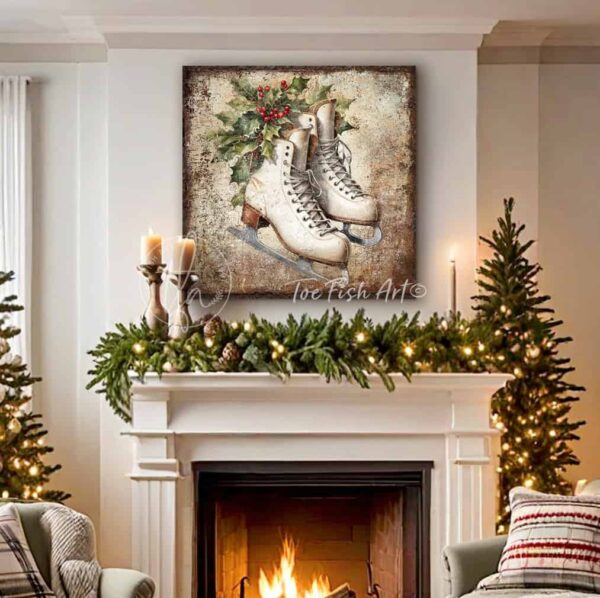 Toe Fish Art Vintage Antique Wooden Ice Skates Artwork, Rustic Christmas Holiday Winter Seasonal Wall Decor, square shaped sign, handmade in the USA from start to finish! Stylish and timeless seasonal winter wall decor. Handmade in the USA by ToeFishArt, and built to last a lifetime by the Toe Fish Art family artisans. This beautiful original nostalgic winter ice skates artwork adds unique eye-catching decor indoors or outdoors. Great outdoor holiday curb appeal! Christmas welcome entryway porch or living room fireplace mantel wall hanging or shelf sitter. Original, custom, personalized wall decor signs. Canvas, Wood or Metal. Rustic modern farmhouse, cottagecore, vintage, retro, industrial, Americana, primitive, country, coastal, minimalist.