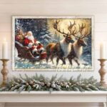 Toe Fish Art colorful Vintage Santa Claus Reindeer Sleigh snowy night forest scene painting Wall Art, Rustic Primitive Country Cottage Christmas sign handcrafted in durable high-quality canvas or outdoor weatherproof solid aluminum metal, handmade in the USA from start to finish! Beautiful, stylish and timeless seasonal winter wall decor. Handcrafted in the USA by ToeFishArt, and built to last a lifetime by the Toe Fish Art family artisans. This beautiful original nostalgic winter landscape scene with a sack full of presents and St. Nick in his grand sleigh pulled by majestic reindeer through a snowy forest night adds unique eye-catching decor indoors or outdoors. Add instant outdoor holiday curb appeal! Christmas welcome entryway porch or living room fireplace hearth or mantel wall hanging or shelf sitter. Original, custom, personalized wall decor signs. Canvas, Wood or Metal. Rustic modern farmhouse, cottagecore, vintage, retro, industrial, Americana, primitive, country, coastal, minimalist. Toe Fish Art is a USA small family woman owned business making beautiful decor since 1997.