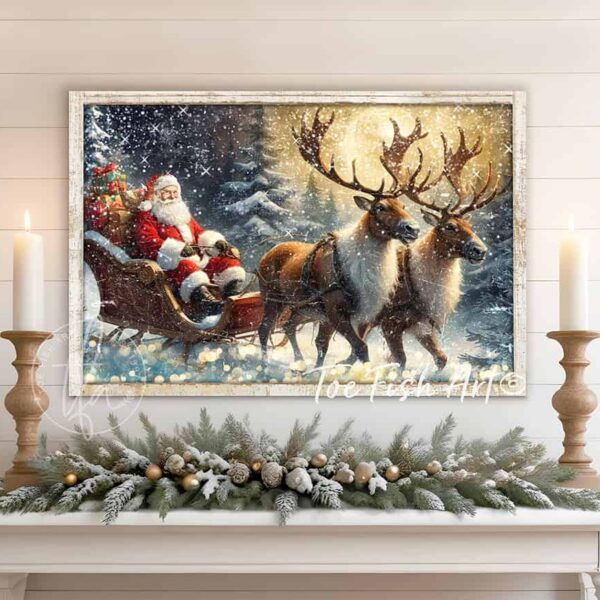 Toe Fish Art colorful Vintage Santa Claus Reindeer Sleigh snowy night forest scene painting Wall Art, Rustic Primitive Country Cottage Christmas sign handcrafted in durable high-quality canvas or outdoor weatherproof solid aluminum metal, handmade in the USA from start to finish! Beautiful, stylish and timeless seasonal winter wall decor. Handcrafted in the USA by ToeFishArt, and built to last a lifetime by the Toe Fish Art family artisans. This beautiful original nostalgic winter landscape scene with a sack full of presents and St. Nick in his grand sleigh pulled by majestic reindeer through a snowy forest night adds unique eye-catching decor indoors or outdoors. Add instant outdoor holiday curb appeal! Christmas welcome entryway porch or living room fireplace hearth or mantel wall hanging or shelf sitter. Original, custom, personalized wall decor signs. Canvas, Wood or Metal. Rustic modern farmhouse, cottagecore, vintage, retro, industrial, Americana, primitive, country, coastal, minimalist. Toe Fish Art is a USA small family woman owned business making beautiful decor since 1997.