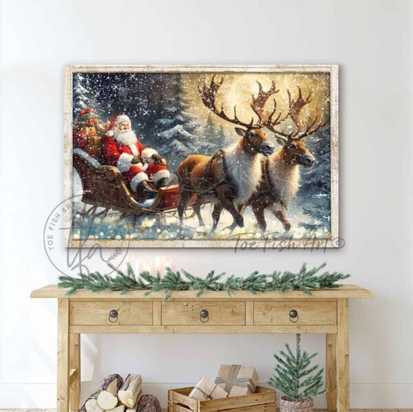 Toe Fish Art colorful Vintage Santa Claus Reindeer Sleigh snowy night forest scene painting Wall Art, Rustic Primitive Country Cottage Christmas sign handcrafted in durable high-quality canvas or outdoor weatherproof solid aluminum metal, handmade in the USA from start to finish! Beautiful, stylish and timeless seasonal winter wall decor. Handcrafted in the USA by ToeFishArt, and built to last a lifetime by the Toe Fish Art family artisans. This beautiful original nostalgic winter landscape scene with a sack full of presents and St. Nick in his grand sleigh pulled by majestic reindeer through a snowy forest night adds unique eye-catching decor indoors or outdoors. Add instant outdoor holiday curb appeal! Christmas welcome entryway porch or living room fireplace hearth or mantel wall hanging or shelf sitter. Original, custom, personalized wall decor signs. Canvas, Wood or Metal. Rustic modern farmhouse, cottagecore, vintage, retro, industrial, Americana, primitive, country, coastal, minimalist. Toe Fish Art is a USA small family woman owned business making beautiful decor since 1997.