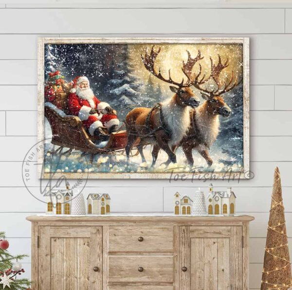 Toe Fish Art colorful Vintage Santa Claus Reindeer Sleigh snowy night forest scene painting Wall Art, Rustic Primitive Country Cottage Christmas sign handcrafted in durable high-quality canvas or outdoor weatherproof solid aluminum metal, handmade in the USA from start to finish! Beautiful, stylish and timeless seasonal winter wall decor. Handcrafted in the USA by ToeFishArt, and built to last a lifetime by the Toe Fish Art family artisans. This beautiful original nostalgic winter landscape scene with a sack full of presents and St. Nick in his grand sleigh pulled by majestic reindeer through a snowy forest night adds unique eye-catching decor indoors or outdoors. Add instant outdoor holiday curb appeal! Christmas welcome entryway porch or living room fireplace hearth or mantel wall hanging or shelf sitter. Original, custom, personalized wall decor signs. Canvas, Wood or Metal. Rustic modern farmhouse, cottagecore, vintage, retro, industrial, Americana, primitive, country, coastal, minimalist. Toe Fish Art is a USA small family woman owned business making beautiful decor since 1997.
