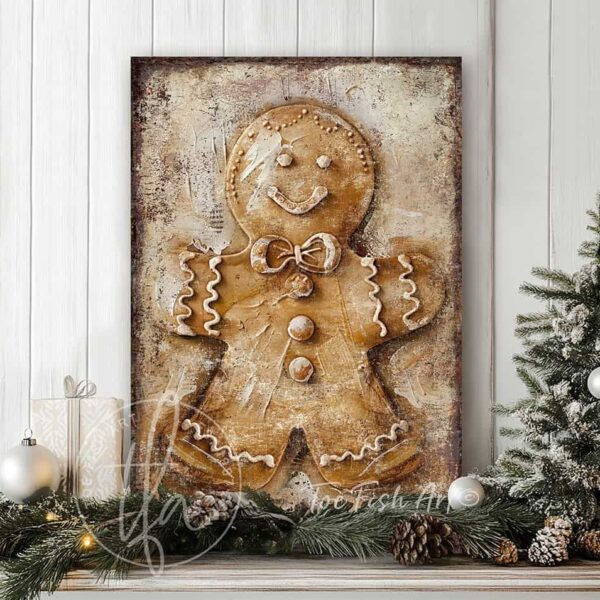 Toe Fish Art Vintage Gingerbread Man and Woman Artwork, Rustic Cottage Country Christmas Holiday Winter Seasonal Wall Decor vertical signs, handmade in the USA from start to finish! Stylish and timeless seasonal winter wall decor. Handmade in the USA by ToeFishArt, and built to last a lifetime by the Toe Fish Art family artisans. This sweet gingerbread couple brings nostalgic Christmas magic to your cozy kitchen or fireplace mantel. Toe Fish Art's original painting adds unique eye-catching decor indoors or outdoors. Great outdoor holiday curb appeal! Christmas welcome entryway porch or living room fireplace hearth or mantel wall hanging or shelf sitter. Original, custom, personalized wall decor signs. Canvas, Wood or Metal. Rustic modern farmhouse, cottagecore, vintage, retro, industrial, Americana, primitive, country, coastal, minimalist.