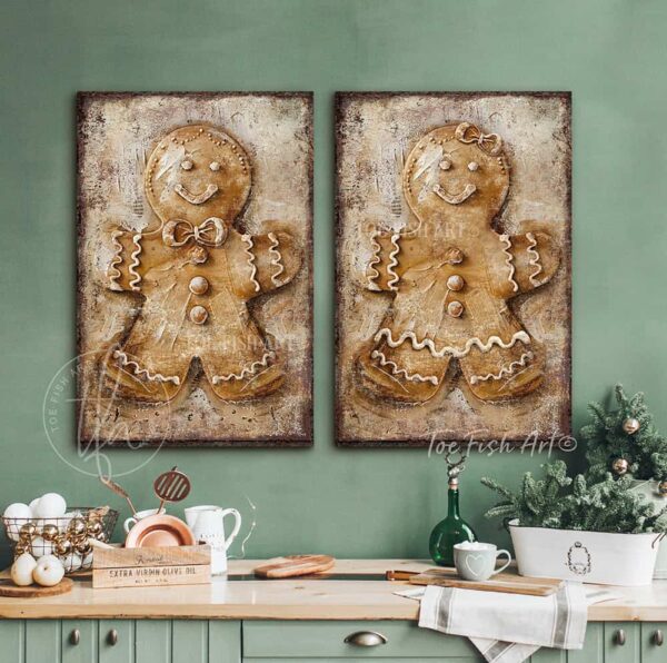 Toe Fish Art Vintage Gingerbread Man and Woman Artwork, Rustic Cottage Country Christmas Holiday Winter Seasonal Wall Decor vertical signs, handmade in the USA from start to finish! Stylish and timeless seasonal winter wall decor. Handmade in the USA by ToeFishArt, and built to last a lifetime by the Toe Fish Art family artisans. This sweet gingerbread couple brings nostalgic Christmas magic to your cozy kitchen or fireplace mantel. Toe Fish Art's original painting adds unique eye-catching decor indoors or outdoors. Great outdoor holiday curb appeal! Christmas welcome entryway porch or living room fireplace hearth or mantel wall hanging or shelf sitter. Original, custom, personalized wall decor signs. Canvas, Wood or Metal. Rustic modern farmhouse, cottagecore, vintage, retro, industrial, Americana, primitive, country, coastal, minimalist.