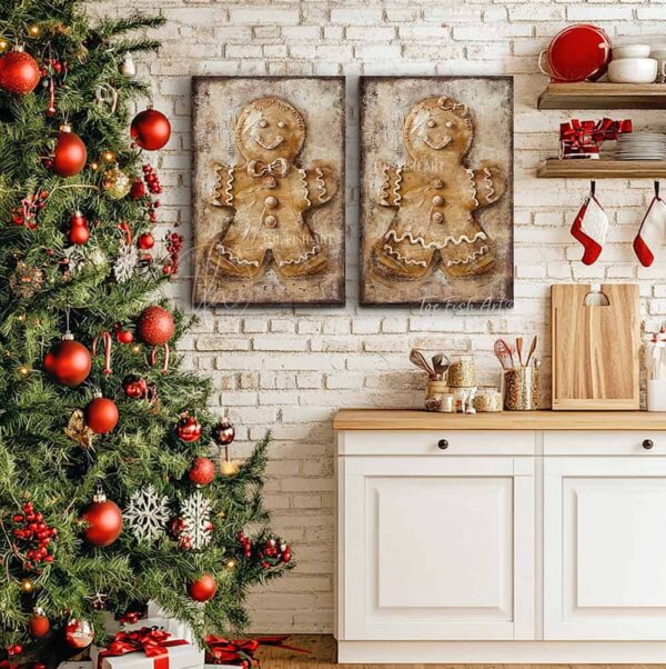 Toe Fish Art Vintage Gingerbread Man and Woman Artwork, Rustic Cottage Country Christmas Holiday Winter Seasonal Wall Decor vertical signs, handmade in the USA from start to finish! Stylish and timeless seasonal winter wall decor. Handmade in the USA by ToeFishArt, and built to last a lifetime by the Toe Fish Art family artisans. This sweet gingerbread couple brings nostalgic Christmas magic to your cozy kitchen or fireplace mantel. Toe Fish Art's original painting adds unique eye-catching decor indoors or outdoors. Great outdoor holiday curb appeal! Christmas welcome entryway porch or living room fireplace hearth or mantel wall hanging or shelf sitter. Original, custom, personalized wall decor signs. Canvas, Wood or Metal. Rustic modern farmhouse, cottagecore, vintage, retro, industrial, Americana, primitive, country, coastal, minimalist.