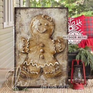 Toe Fish Art Vintage Gingerbread Man and Woman Artwork, Rustic Cottage Country Christmas Holiday Winter Seasonal Wall Decor vertical signs, handmade in the USA from start to finish! Stylish and timeless seasonal winter wall decor. Handmade in the USA by ToeFishArt, and built to last a lifetime by the Toe Fish Art family artisans. This sweet gingerbread couple brings nostalgic Christmas magic to your cozy kitchen or fireplace mantel. Toe Fish Art's original painting adds unique eye-catching decor indoors or outdoors. Great outdoor holiday curb appeal! Christmas welcome entryway porch or living room fireplace hearth or mantel wall hanging or shelf sitter. Original, custom, personalized wall decor signs. Canvas, Wood or Metal. Rustic modern farmhouse, cottagecore, vintage, retro, industrial, Americana, primitive, country, coastal, minimalist.