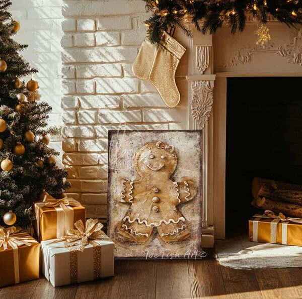 Toe Fish Art Vintage Gingerbread Man and Woman Artwork, Rustic Cottage Country Christmas Holiday Winter Seasonal Wall Decor vertical signs, handmade in the USA from start to finish! Stylish and timeless seasonal winter wall decor. Handmade in the USA by ToeFishArt, and built to last a lifetime by the Toe Fish Art family artisans. This sweet gingerbread couple brings nostalgic Christmas magic to your cozy kitchen or fireplace mantel. Toe Fish Art's original painting adds unique eye-catching decor indoors or outdoors. Great outdoor holiday curb appeal! Christmas welcome entryway porch or living room fireplace hearth or mantel wall hanging or shelf sitter. Original, custom, personalized wall decor signs. Canvas, Wood or Metal. Rustic modern farmhouse, cottagecore, vintage, retro, industrial, Americana, primitive, country, coastal, minimalist.