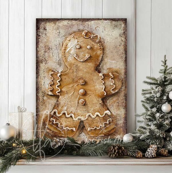 Toe Fish Art Vintage Gingerbread Man and Woman Artwork, Rustic Cottage Country Christmas Holiday Winter Seasonal Wall Decor vertical signs, handmade in the USA from start to finish! Stylish and timeless seasonal winter wall decor. Handmade in the USA by ToeFishArt, and built to last a lifetime by the Toe Fish Art family artisans. This sweet gingerbread couple brings nostalgic Christmas magic to your cozy kitchen or fireplace mantel. Toe Fish Art's original painting adds unique eye-catching decor indoors or outdoors. Great outdoor holiday curb appeal! Christmas welcome entryway porch or living room fireplace hearth or mantel wall hanging or shelf sitter. Original, custom, personalized wall decor signs. Canvas, Wood or Metal. Rustic modern farmhouse, cottagecore, vintage, retro, industrial, Americana, primitive, country, coastal, minimalist.