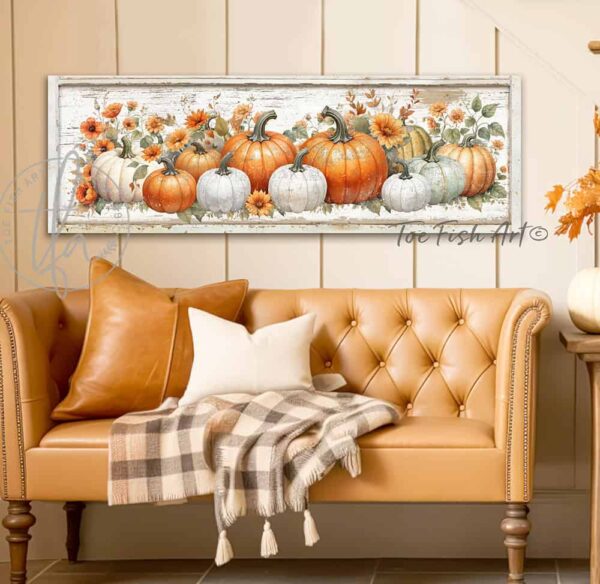 Toe Fish Art colorful Vintage Heirloom Pumpkins Autumn Harvest Rustic Cottage Fall Halloween Home Decor painting Wall Art, Rustic Primitive Country Cottage sign handcrafted in durable high-quality canvas or outdoor weatherproof solid aluminum metal, handmade in the USA from start to finish! Beautiful, stylish and timeless seasonal fall wall decor. Handcrafted in the USA by ToeFishArt, and built to last a lifetime by the Toe Fish Art family artisans. This beautiful original pumpkin patch scene adds unique eye-catching decor indoors or outdoors. Add instant outdoor autumn curb appeal! Entryway porch or living room fireplace hearth or mantel wall hanging or shelf sitter. Original, custom, personalized wall decor signs. Canvas, Wood or Metal. Rustic modern farmhouse, cottagecore, vintage, retro, industrial, Americana, primitive, country, coastal, minimalist. Toe Fish Art is a USA small family woman owned business making beautiful decor since 1997.