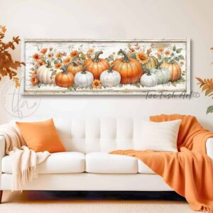 Toe Fish Art colorful Vintage Heirloom Pumpkins Autumn Harvest Rustic Cottage Fall Halloween Home Decor painting Wall Art, Rustic Primitive Country Cottage sign handcrafted in durable high-quality canvas or outdoor weatherproof solid aluminum metal, handmade in the USA from start to finish! Beautiful, stylish and timeless seasonal fall wall decor. Handcrafted in the USA by ToeFishArt, and built to last a lifetime by the Toe Fish Art family artisans. This beautiful original pumpkin patch scene adds unique eye-catching decor indoors or outdoors. Add instant outdoor autumn curb appeal! Entryway porch or living room fireplace hearth or mantel wall hanging or shelf sitter. Original, custom, personalized wall decor signs. Canvas, Wood or Metal. Rustic modern farmhouse, cottagecore, vintage, retro, industrial, Americana, primitive, country, coastal, minimalist. Toe Fish Art is a USA small family woman owned business making beautiful decor since 1997.