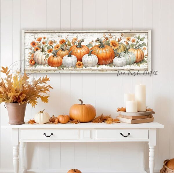 Toe Fish Art colorful Vintage Heirloom Pumpkins Autumn Harvest Rustic Cottage Fall Halloween Home Decor painting Wall Art, Rustic Primitive Country Cottage sign handcrafted in durable high-quality canvas or outdoor weatherproof solid aluminum metal, handmade in the USA from start to finish! Beautiful, stylish and timeless seasonal fall wall decor. Handcrafted in the USA by ToeFishArt, and built to last a lifetime by the Toe Fish Art family artisans. This beautiful original pumpkin patch scene adds unique eye-catching decor indoors or outdoors. Add instant outdoor autumn curb appeal! Entryway porch or living room fireplace hearth or mantel wall hanging or shelf sitter. Original, custom, personalized wall decor signs. Canvas, Wood or Metal. Rustic modern farmhouse, cottagecore, vintage, retro, industrial, Americana, primitive, country, coastal, minimalist. Toe Fish Art is a USA small family woman owned business making beautiful decor since 1997.