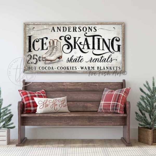 Toe Fish Art Vintage Nostalgic Winter Wonderland Ice Skating Canvas or Outdoor Metal Personalize-able Skate Rentals Sign. Rustic Cottage Country Christmas Wall Decor, handmade in the USA from start to finish! Stylish and timeless seasonal winter wall decor in antique winter white and black. Handmade in the USA by ToeFishArt, and built to last a lifetime by the Toe Fish Art family artisans. This beautiful original nostalgic winter ice skating sign adds unique eye-catching decor indoors or outdoors. Great outdoor holiday curb appeal! Cute and clever decor for your outdoor fire pit. Christmas welcome entryway porch or living room fireplace mantel wall hanging or shelf sitter. Original, custom, personalized wall decor signs. Canvas, Wood or Metal. Rustic modern farmhouse, cottagecore, vintage, retro, industrial, Americana, primitive, country, coastal, minimalist.