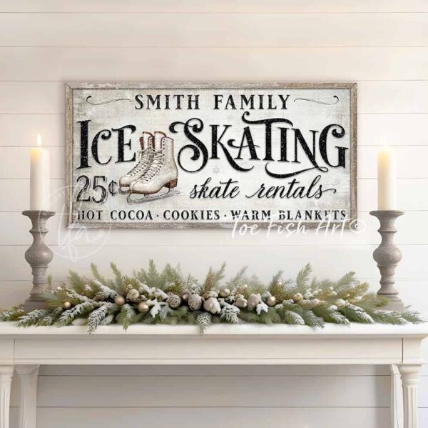 Toe Fish Art Vintage Nostalgic Winter Wonderland Ice Skating Canvas or Outdoor Metal Personalize-able Skate Rentals Sign. Rustic Cottage Country Christmas Wall Decor, handmade in the USA from start to finish! Stylish and timeless seasonal winter wall decor in antique winter white and black. Handmade in the USA by ToeFishArt, and built to last a lifetime by the Toe Fish Art family artisans. This beautiful original nostalgic winter ice skating sign adds unique eye-catching decor indoors or outdoors. Great outdoor holiday curb appeal! Cute and clever decor for your outdoor fire pit. Christmas welcome entryway porch or living room fireplace mantel wall hanging or shelf sitter. Original, custom, personalized wall decor signs. Canvas, Wood or Metal. Rustic modern farmhouse, cottagecore, vintage, retro, industrial, Americana, primitive, country, coastal, minimalist.