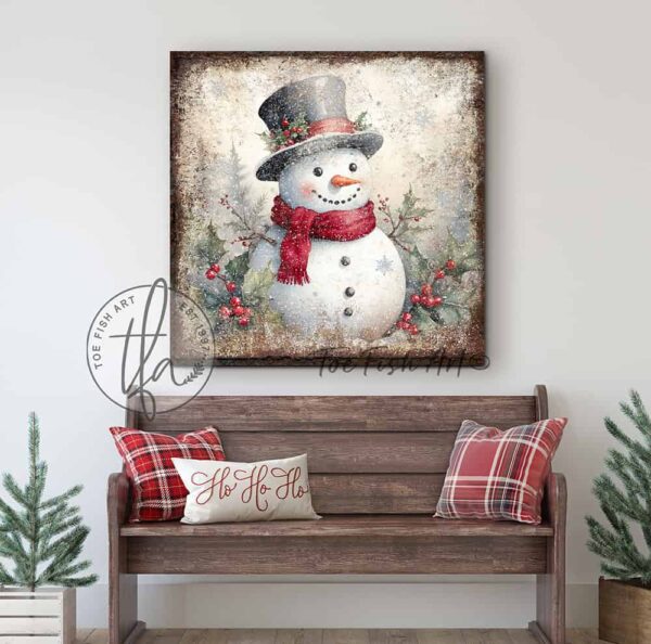 Toe Fish Art Vintage Antique Snowman Artwork, Rustic Christmas Holiday Winter Seasonal Wall Decor, square shaped sign, handmade in the USA from start to finish! Stylish and timeless seasonal winter wall decor. Handmade in the USA by ToeFishArt, and built to last a lifetime by the Toe Fish Art family artisans. This beautiful original nostalgic winter snowman painting adds unique eye-catching decor indoors or outdoors. Great outdoor holiday curb appeal! Christmas welcome entryway porch or living room fireplace mantel wall hanging or shelf sitter. Original, custom, personalized wall decor signs. Canvas, Wood or Metal. Rustic modern farmhouse, cottagecore, vintage, retro, industrial, Americana, primitive, country, coastal, minimalist.