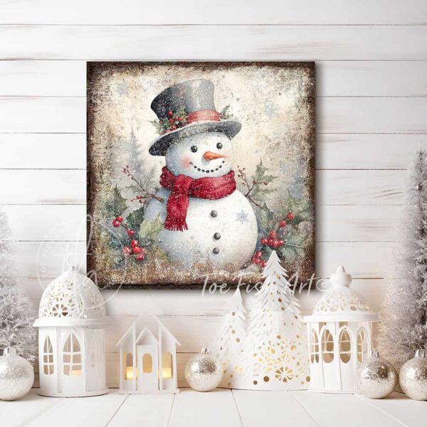 Toe Fish Art Vintage Antique Snowman Artwork, Rustic Christmas Holiday Winter Seasonal Wall Decor, square shaped sign, handmade in the USA from start to finish! Stylish and timeless seasonal winter wall decor. Handmade in the USA by ToeFishArt, and built to last a lifetime by the Toe Fish Art family artisans. This beautiful original nostalgic winter snowman painting adds unique eye-catching decor indoors or outdoors. Great outdoor holiday curb appeal! Christmas welcome entryway porch or living room fireplace mantel wall hanging or shelf sitter. Original, custom, personalized wall decor signs. Canvas, Wood or Metal. Rustic modern farmhouse, cottagecore, vintage, retro, industrial, Americana, primitive, country, coastal, minimalist.