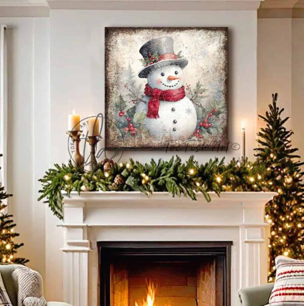 Toe Fish Art Vintage Antique Snowman Artwork, Rustic Christmas Holiday Winter Seasonal Wall Decor, square shaped sign, handmade in the USA from start to finish! Stylish and timeless seasonal winter wall decor. Handmade in the USA by ToeFishArt, and built to last a lifetime by the Toe Fish Art family artisans. This beautiful original nostalgic winter snowman painting adds unique eye-catching decor indoors or outdoors. Great outdoor holiday curb appeal! Christmas welcome entryway porch or living room fireplace mantel wall hanging or shelf sitter. Original, custom, personalized wall decor signs. Canvas, Wood or Metal. Rustic modern farmhouse, cottagecore, vintage, retro, industrial, Americana, primitive, country, coastal, minimalist.