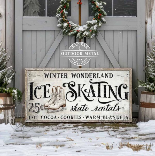 Toe Fish Art Vintage Nostalgic Winter Wonderland Ice Skating Canvas or Outdoor Metal Personalize-able Skate Rentals Sign. Rustic Cottage Country Christmas Wall Decor, handmade in the USA from start to finish! Stylish and timeless seasonal winter wall decor in antique winter white and black. Handmade in the USA by ToeFishArt, and built to last a lifetime by the Toe Fish Art family artisans. This beautiful original nostalgic winter ice skating sign adds unique eye-catching decor indoors or outdoors. Great outdoor holiday curb appeal! Cute and clever decor for your outdoor fire pit. Christmas welcome entryway porch or living room fireplace mantel wall hanging or shelf sitter. Original, custom, personalized wall decor signs. Canvas, Wood or Metal. Rustic modern farmhouse, cottagecore, vintage, retro, industrial, Americana, primitive, country, coastal, minimalist.