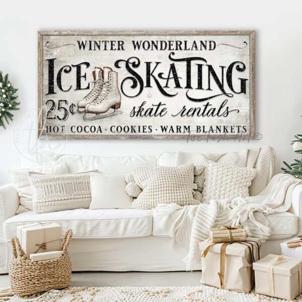 Toe Fish Art Vintage Nostalgic Winter Wonderland Ice Skating Canvas or Outdoor Metal Personalize-able Skate Rentals Sign. Rustic Cottage Country Christmas Wall Decor, handmade in the USA from start to finish! Stylish and timeless seasonal winter wall decor in antique winter white and black. Handmade in the USA by ToeFishArt, and built to last a lifetime by the Toe Fish Art family artisans. This beautiful original nostalgic winter ice skating sign adds unique eye-catching decor indoors or outdoors. Great outdoor holiday curb appeal! Cute and clever decor for your outdoor fire pit. Christmas welcome entryway porch or living room fireplace mantel wall hanging or shelf sitter. Original, custom, personalized wall decor signs. Canvas, Wood or Metal. Rustic modern farmhouse, cottagecore, vintage, retro, industrial, Americana, primitive, country, coastal, minimalist.