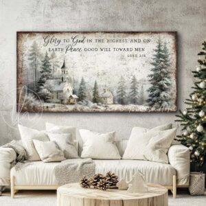 Toe Fish Art Vintage Christmas Religious Christian Scripture Bible Verse Luke 2:14 Glory to God in the Highest Peace on Earth Goodwill Toward Men sign with snowy country forest church painting design. Rustic Primitive Country Cottage Christmas wall art handcrafted in durable high-quality canvas or outdoor weatherproof solid aluminum metal, handmade in the USA from start to finish! Beautiful, stylish and timeless seasonal winter wall decor. Handcrafted in the USA by ToeFishArt, and built to last a lifetime by the Toe Fish Art family artisans. This beautiful original nostalgic winter landscape church scene adds unique eye-catching decor indoors or outdoors. Add instant outdoor holiday curb appeal! Christmas welcome entryway porch or living room fireplace hearth or mantel wall hanging or shelf sitter. Original, custom, personalized wall decor signs. Canvas, Wood or Metal. Rustic modern farmhouse, cottagecore, vintage, retro, industrial, Americana, primitive, country, coastal, minimalist. Toe Fish Art is a USA small family woman owned business making beautiful decor since 1997.