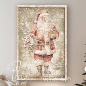 Toe Fish Art Vintage Santa Claus Artwork, Rustic Cottage Country Christmas Holiday Winter Seasonal Wall Decor vertical sign, handmade in the USA from start to finish! Stylish and timeless seasonal winter wall decor. Handmade in the USA by ToeFishArt, and built to last a lifetime by the Toe Fish Art family artisans. This beautiful original nostalgic winter Santa painting adds unique eye-catching decor indoors or outdoors. Great outdoor holiday curb appeal! Christmas welcome entryway porch or living room fireplace hearth or mantel wall hanging or shelf sitter. Original, custom, personalized wall decor signs. Canvas, Wood or Metal. Rustic modern farmhouse, cottagecore, vintage, retro, industrial, Americana, primitive, country, coastal, minimalist.