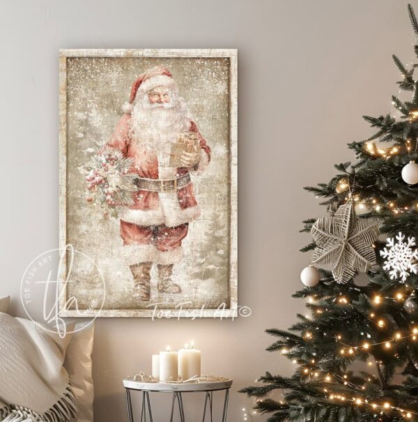 Toe Fish Art Vintage Santa Claus Artwork, Rustic Cottage Country Christmas Holiday Winter Seasonal Wall Decor vertical sign, handmade in the USA from start to finish! Stylish and timeless seasonal winter wall decor. Handmade in the USA by ToeFishArt, and built to last a lifetime by the Toe Fish Art family artisans. This beautiful original nostalgic winter Santa painting adds unique eye-catching decor indoors or outdoors. Great outdoor holiday curb appeal! Christmas welcome entryway porch or living room fireplace hearth or mantel wall hanging or shelf sitter. Original, custom, personalized wall decor signs. Canvas, Wood or Metal. Rustic modern farmhouse, cottagecore, vintage, retro, industrial, Americana, primitive, country, coastal, minimalist.