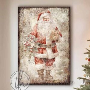 Toe Fish Art Vintage Santa Claus Artwork, Rustic Cottage Country Christmas Holiday Winter Seasonal Wall Decor vertical sign, handmade in the USA from start to finish! Stylish and timeless seasonal winter wall decor. Handmade in the USA by ToeFishArt, and built to last a lifetime by the Toe Fish Art family artisans. This beautiful original nostalgic winter Santa painting adds unique eye-catching decor indoors or outdoors. Great outdoor holiday curb appeal! Christmas welcome entryway porch or living room fireplace hearth or mantel wall hanging or shelf sitter. Original, custom, personalized wall decor signs. Canvas, Wood or Metal. Rustic modern farmhouse, cottagecore, vintage, retro, industrial, Americana, primitive, country, coastal, minimalist.