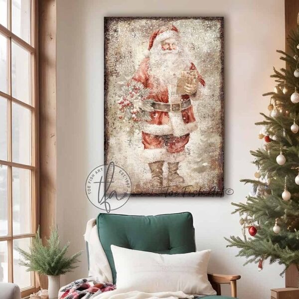 Toe Fish Art Vintage Santa Claus Artwork, Rustic Cottage Country Christmas Holiday Winter Seasonal Wall Decor vertical sign, handmade in the USA from start to finish! Stylish and timeless seasonal winter wall decor. Handmade in the USA by ToeFishArt, and built to last a lifetime by the Toe Fish Art family artisans. This beautiful original nostalgic winter Santa painting adds unique eye-catching decor indoors or outdoors. Great outdoor holiday curb appeal! Christmas welcome entryway porch or living room fireplace hearth or mantel wall hanging or shelf sitter. Original, custom, personalized wall decor signs. Canvas, Wood or Metal. Rustic modern farmhouse, cottagecore, vintage, retro, industrial, Americana, primitive, country, coastal, minimalist.