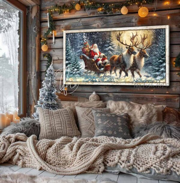 Toe Fish Art colorful Vintage Santa Claus Reindeer Sleigh snowy night forest scene painting Wall Art, Rustic Primitive Country Cottage Christmas sign handcrafted in durable high-quality canvas or outdoor weatherproof solid aluminum metal, handmade in the USA from start to finish! Beautiful, stylish and timeless seasonal winter wall decor. Handcrafted in the USA by ToeFishArt, and built to last a lifetime by the Toe Fish Art family artisans. This beautiful original nostalgic winter landscape scene with a sack full of presents and St. Nick in his grand sleigh pulled by majestic reindeer through a snowy forest night adds unique eye-catching decor indoors or outdoors. Add instant outdoor holiday curb appeal! Christmas welcome entryway porch or living room fireplace hearth or mantel wall hanging or shelf sitter. Original, custom, personalized wall decor signs. Canvas, Wood or Metal. Rustic modern farmhouse, cottagecore, vintage, retro, industrial, Americana, primitive, country, coastal, minimalist. Toe Fish Art is a USA small family woman owned business making beautiful decor since 1997.