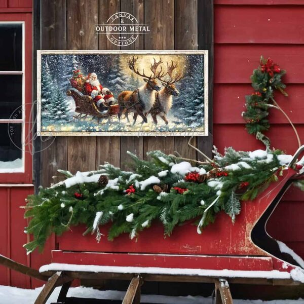 Toe Fish Art colorful Vintage Santa Claus Reindeer Sleigh snowy night forest scene painting Wall Art, Rustic Primitive Country Cottage Christmas sign handcrafted in durable high-quality canvas or outdoor weatherproof solid aluminum metal, handmade in the USA from start to finish! Beautiful, stylish and timeless seasonal winter wall decor. Handcrafted in the USA by ToeFishArt, and built to last a lifetime by the Toe Fish Art family artisans. This beautiful original nostalgic winter landscape scene with a sack full of presents and St. Nick in his grand sleigh pulled by majestic reindeer through a snowy forest night adds unique eye-catching decor indoors or outdoors. Add instant outdoor holiday curb appeal! Christmas welcome entryway porch or living room fireplace hearth or mantel wall hanging or shelf sitter. Original, custom, personalized wall decor signs. Canvas, Wood or Metal. Rustic modern farmhouse, cottagecore, vintage, retro, industrial, Americana, primitive, country, coastal, minimalist. Toe Fish Art is a USA small family woman owned business making beautiful decor since 1997.