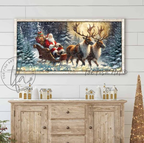 Toe Fish Art colorful Vintage Santa Claus Reindeer Sleigh snowy night forest scene painting Wall Art, Rustic Primitive Country Cottage Christmas sign handcrafted in durable high-quality canvas or outdoor weatherproof solid aluminum metal, handmade in the USA from start to finish! Beautiful, stylish and timeless seasonal winter wall decor. Handcrafted in the USA by ToeFishArt, and built to last a lifetime by the Toe Fish Art family artisans. This beautiful original nostalgic winter landscape scene with a sack full of presents and St. Nick in his grand sleigh pulled by majestic reindeer through a snowy forest night adds unique eye-catching decor indoors or outdoors. Add instant outdoor holiday curb appeal! Christmas welcome entryway porch or living room fireplace hearth or mantel wall hanging or shelf sitter. Original, custom, personalized wall decor signs. Canvas, Wood or Metal. Rustic modern farmhouse, cottagecore, vintage, retro, industrial, Americana, primitive, country, coastal, minimalist. Toe Fish Art is a USA small family woman owned business making beautiful decor since 1997.