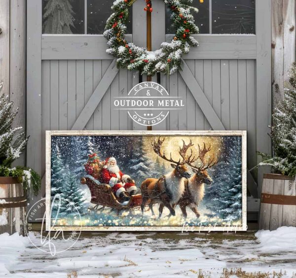 Toe Fish Art colorful Vintage Santa Claus Reindeer Sleigh snowy night forest scene painting Wall Art, Rustic Primitive Country Cottage Christmas sign handcrafted in durable high-quality canvas or outdoor weatherproof solid aluminum metal, handmade in the USA from start to finish! Beautiful, stylish and timeless seasonal winter wall decor. Handcrafted in the USA by ToeFishArt, and built to last a lifetime by the Toe Fish Art family artisans. This beautiful original nostalgic winter landscape scene with a sack full of presents and St. Nick in his grand sleigh pulled by majestic reindeer through a snowy forest night adds unique eye-catching decor indoors or outdoors. Add instant outdoor holiday curb appeal! Christmas welcome entryway porch or living room fireplace hearth or mantel wall hanging or shelf sitter. Original, custom, personalized wall decor signs. Canvas, Wood or Metal. Rustic modern farmhouse, cottagecore, vintage, retro, industrial, Americana, primitive, country, coastal, minimalist. Toe Fish Art is a USA small family woman owned business making beautiful decor since 1997.