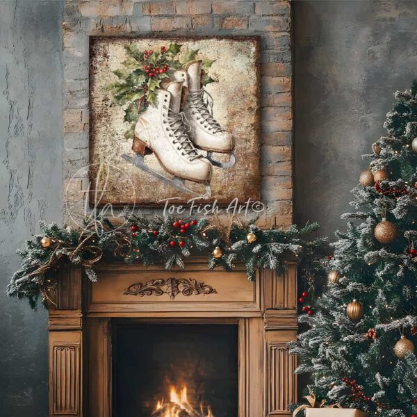 Toe Fish Art Vintage Antique Wooden Ice Skates Artwork, Rustic Christmas Holiday Winter Seasonal Wall Decor, square shaped sign, handmade in the USA from start to finish! Stylish and timeless seasonal winter wall decor. Handmade in the USA by ToeFishArt, and built to last a lifetime by the Toe Fish Art family artisans. This beautiful original nostalgic winter ice skates artwork adds unique eye-catching decor indoors or outdoors. Great outdoor holiday curb appeal! Christmas welcome entryway porch or living room fireplace mantel wall hanging or shelf sitter. Original, custom, personalized wall decor signs. Canvas, Wood or Metal. Rustic modern farmhouse, cottagecore, vintage, retro, industrial, Americana, primitive, country, coastal, minimalist.