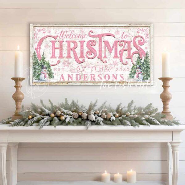 Toe Fish Art Vintage Cottage Welcome to Christmas at the North Pole Pink & Green Holiday Decor Personalized Canvas or Outdoor Metal sign. Rustic Cottage Country Christmas Wall Decor, handmade in the USA from start to finish! Stylish, chic and trendy seasonal winter wall decoration in antique winter white, pink and green. Hand-painted artwork options include Christmas Trees, Gingerbread House, and Snowman designs. Handmade in the USA by ToeFishArt, and built to last a lifetime by the Toe Fish Art family artisans. This beautiful vintage sign adds unique eye-catching decor indoors or outdoors. Great outdoor holiday curb appeal! Cute and clever decor for your outdoor fire pit. Christmas welcome entryway porch or living room fireplace mantel wall hanging or shelf sitter. Original, custom, personalized wall decor signs. Canvas, Wood or Metal. Rustic modern farmhouse, cottagecore, vintage, retro, industrial, Americana, primitive, country, coastal, minimalist. Toe Fish Art and Toefishart.com is a USA small family woman owned business making beautiful decor since 1997.