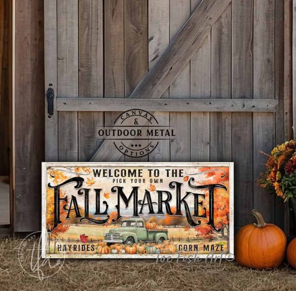 Toe Fish Art Halloween Fall home decor Personalized Fall Market sign in Framed Canvas, Wrapped Canvas, or Outdoor Metal, Colorful Autumn Harvest Decor with Vibrant Fall Colors in this autumn country farm landscape scene. Outdoor weatherproof waterproof metal option available. Add easy, beautiful curb appeal! Seasonal holiday indoor or outdoor decor for your entryway. Handcrafted in the USA for your front door foyer porch entrance patio deck. Holiday outdoor decoration handmade by woman-owned USA small family American business ToeFishArt.com. Original, custom, personalized wall decor signs handcrafted in the USA and made-to-order for you. Choose from canvas, wood shiplap or outdoor metal. Select from rustic modern farmhouse, cottagecore, vintage, retro, industrial, Americana, primitive, country, coastal, minimalist, boho and eclectic home decor styles.