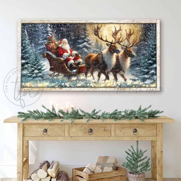 Toe Fish Art colorful Vintage Santa Claus Reindeer Sleigh snowy night forest scene painting Wall Art, Rustic Primitive Country Cottage Christmas sign handcrafted in durable high-quality canvas or outdoor weatherproof solid aluminum metal, handmade in the USA from start to finish! Beautiful, stylish and timeless seasonal winter wall decor. Handcrafted in the USA by ToeFishArt, and built to last a lifetime by the Toe Fish Art family artisans. This beautiful original nostalgic winter landscape scene with a sack full of presents and St. Nick in his grand sleigh pulled by majestic reindeer through a snowy forest night adds unique eye-catching decor indoors or outdoors. Add instant outdoor holiday curb appeal! Christmas welcome entryway porch or living room fireplace hearth or mantel wall hanging or shelf sitter. Original, custom, personalized wall decor signs. Canvas, Wood or Metal. Rustic modern farmhouse, cottagecore, vintage, retro, industrial, Americana, primitive, country, coastal, minimalist. Toe Fish Art is a USA small family woman owned business making beautiful decor since 1997.