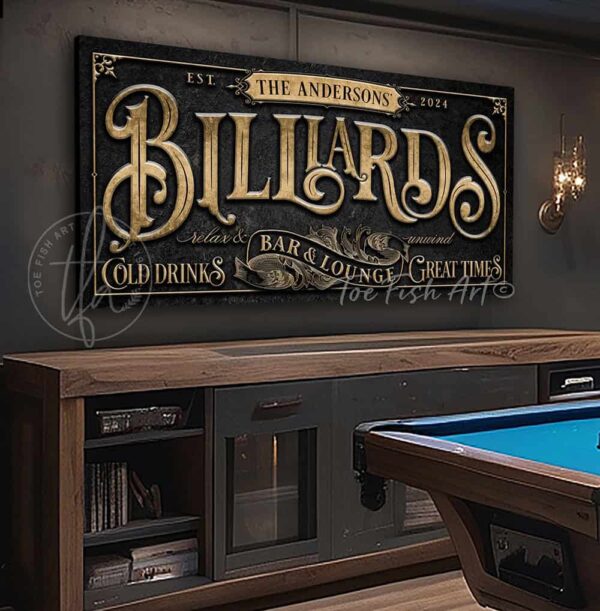 Toe Fish Art's Billiards Bar & Lounge Personalizable Sign handcrafted to-order in the USA and customized for you in Canvas or Outdoor Weatherproof Metal. Personalized gift decor with your family name and established year, personal names, favorite saying or welcoming phrase. Swanky and stylish vibrant colors to enhance your bar & lounge, game room pub, pool hall decor - Vintage Slate Black with Rustic Gold Lettering. Custom options available upon request. This is the perfect piece for your pub basement bar area or outdoor hangout space! This special sign is great for gifting to anyone who enjoys entertaining and playing pool. This decor is perfect for your patio, deck, lanai, outdoor kitchen & bar area, game room, bar & lounge or favorite entertaining space inside or outside! Handmade to-order in the USA by American small family woman-owned company ToeFishArt, doing business since 1997. Personalized Canvas or Outdoor Exterior Commercial-Grade Metal Sign handmade in the USA and built to last a lifetime by Toe Fish Art. Add your personal name, established date, or catch phrase to this beautiful artwork for unique, eye-catching appeal indoors or for your outdoor party space. Color options available too! Thousands of five star reviews! Featured in Better Homes & Gardens, Cottages & Bungalows, and Farmhouse Style magazines. We make original, custom, personalized wall decor signs and wall art. Handcrafted in your choice of canvas, framed canvas, shiplap hardwood or outdoor metal. Choose from rustic, modern cottage farmhouse, cottagecore, vintage, retro, industrial, Americana, primitive, country, coastal and minimalist contemporary styles. Toe Fish Art is a USA small family woman owned business making beautiful decor since 1997.