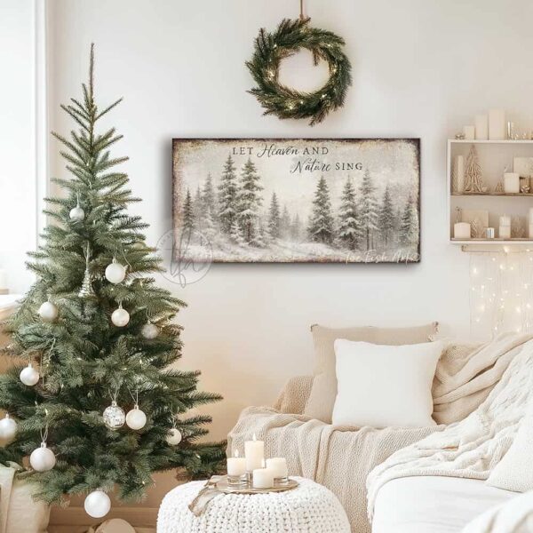 Toe Fish Art Vintage Christmas Religious Christian Scripture Hymn Let Heaven and Nature Sign sign with snowy country forest painting design. Rustic Primitive Country Cottage Christmas wall art handcrafted in durable high-quality canvas or outdoor weatherproof solid aluminum metal, handmade in the USA from start to finish! Beautiful, stylish and timeless seasonal winter wall decor. Handcrafted in the USA by ToeFishArt, and built to last a lifetime by the Toe Fish Art family artisans. This beautiful original serene winter landscape scene adds unique eye-catching decor indoors or outdoors. Add instant outdoor holiday curb appeal! Christmas welcome entryway porch or living room fireplace hearth or mantel wall hanging or shelf sitter. Original, custom, personalized wall decor signs. Canvas, Wood or Metal. Rustic modern farmhouse, cottagecore, vintage, retro, industrial, Americana, primitive, country, coastal, minimalist. Toe Fish Art is a USA small family woman owned business making beautiful decor since 1997.