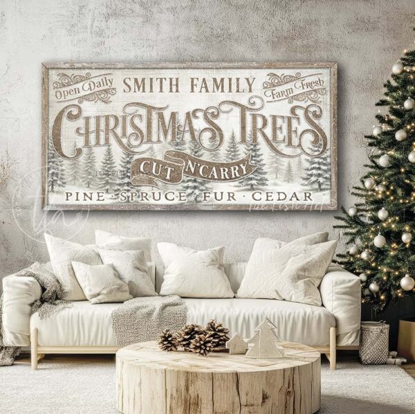 Toe Fish Art Old Fashioned Cut n' Carry Christmas Trees Personalized Family Name Framed Canvas or Outdoor Metal Vintage Cottage Decoration Sign, handmade Antique Gold Bronze Taupe Holiday Decor. Rustic Cottage Country Christmas Wall Decor, handmade in the USA from start to finish! Stylish, chic and trendy seasonal winter wall decoration in antique winter white and gold. Handmade in the USA by ToeFishArt, and built to last a lifetime by the Toe Fish Art family artisans. This beautiful vintage sign adds unique eye-catching decor indoors or outdoors. Great outdoor holiday curb appeal! Special decor for your outdoor fire pit during the holiday season. Christmas welcome entryway porch or living room fireplace mantel hearth wall hanging or shelf sitter. Original, custom, personalized wall decor signs. Canvas, Wood or Metal. Rustic modern farmhouse, cottagecore, vintage, retro, industrial, Americana, primitive, country, coastal, minimalist. Toe Fish Art and Toefishart.com is a USA small family woman owned business making beautiful decor since 1997.